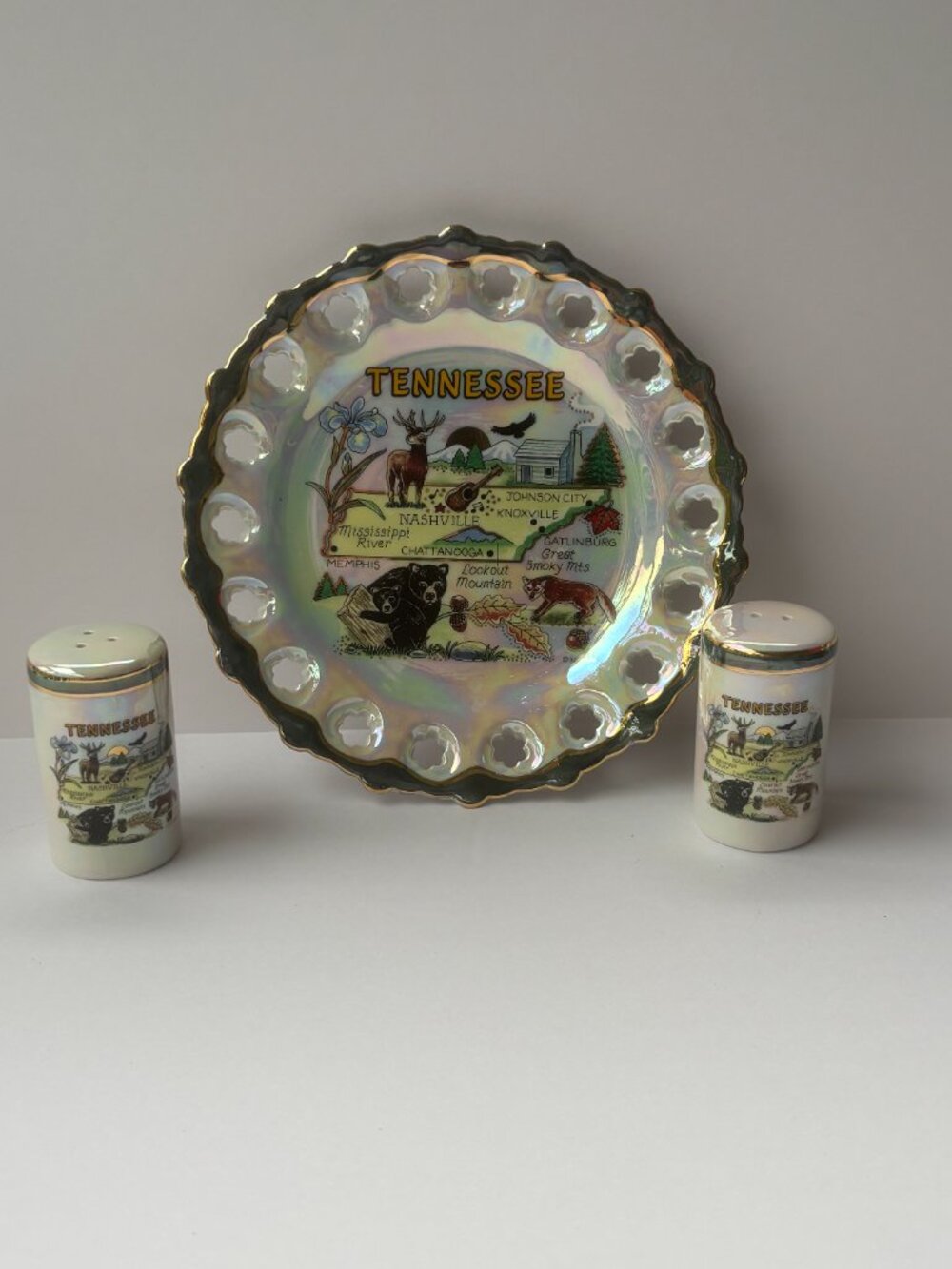 Vintage Tennessee Souvenir Plate and Salt and Pepper Shakers